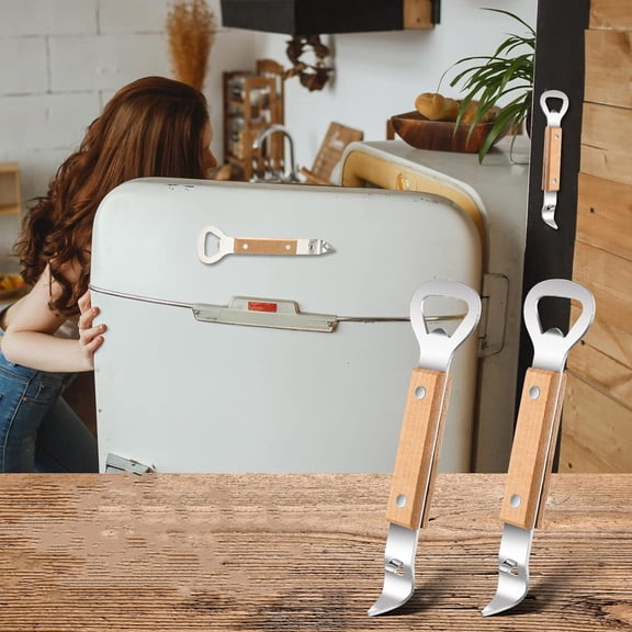 Magnetic Bottle and Can Openers with Wood Handle, Stainless Steel Can Punch Tappers for Beers Beverages, Suitable for Camping and Traveling
