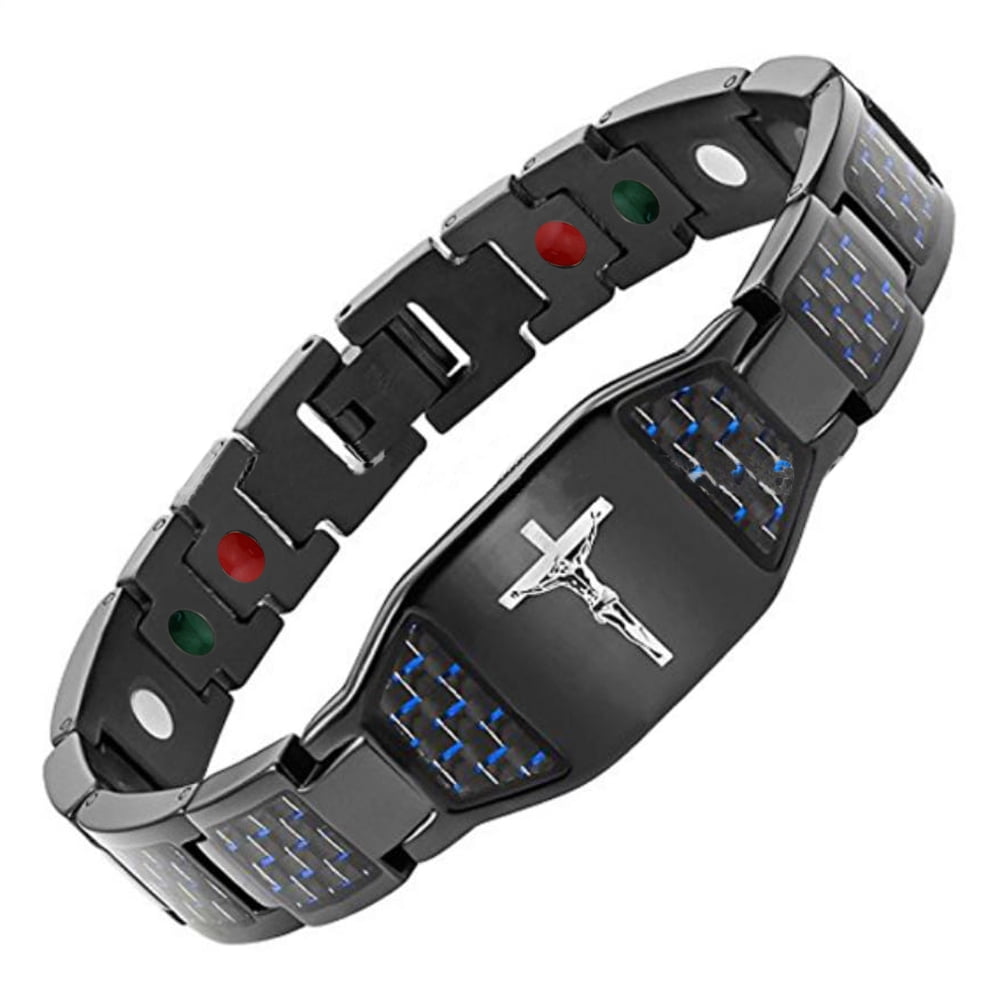 Magnetic Bracelet for Men , Christian Cross Jesus Carbon Fiber Stainless Steel Bracelet, Religious Health Jewelry Gifts (Black)