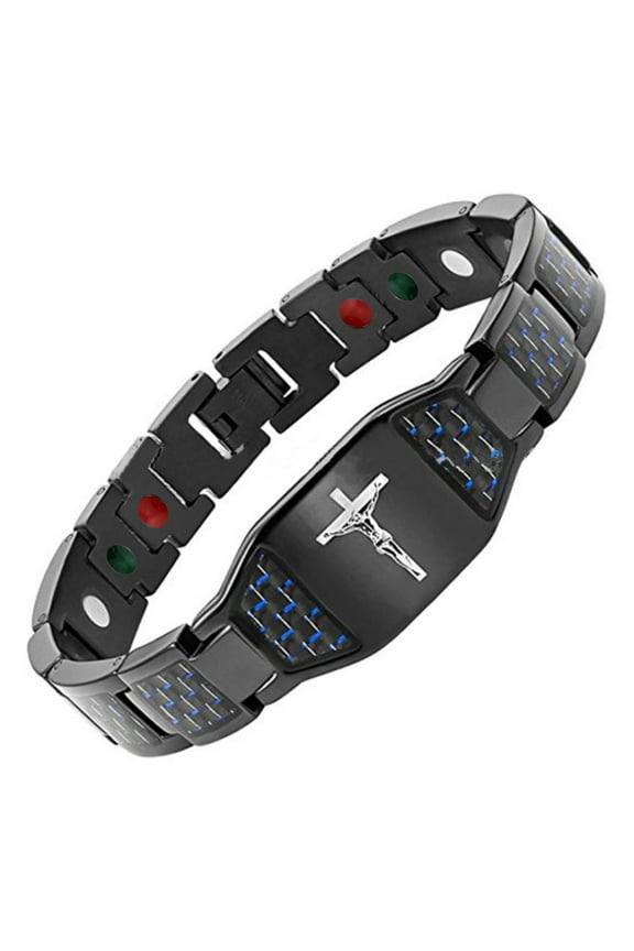 Magnetic Bracelet for Men , Christian Cross Jesus Carbon Fiber Stainless Steel Bracelet, Religious Health Jewelry Gifts (Black)
