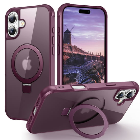 Magnetic Bracket Case for iPhone 16 Ring Holder Kickstand Slim Case with MagSafe Compatible Car Mount Holder, Shockproof Hybrid Wireless Charging Dustproof Protection Cover, Winered