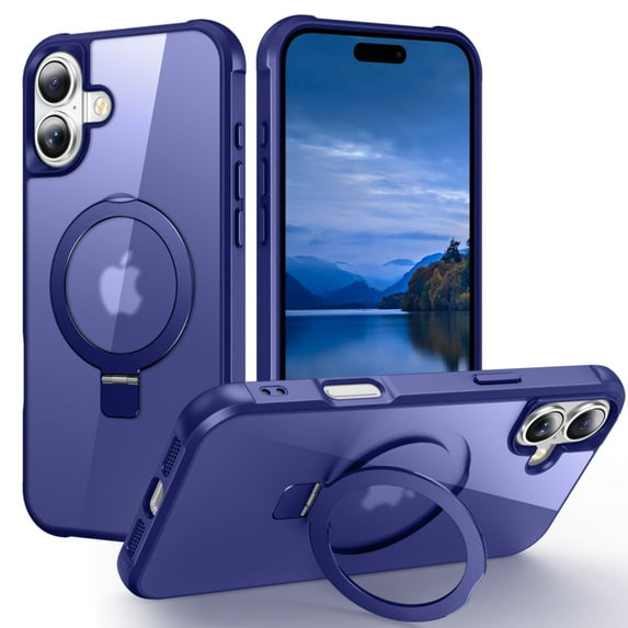 Magnetic Bracket Case for iPhone 16 Ring Holder Kickstand Slim Case with MagSafe Compatible Car Mount Holder, Shockproof Hybrid Wireless Charging Dustproof Protection Cover, Darkblue