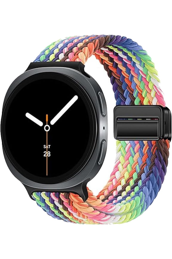 Magnetic Braided Band for Samsung Galaxy Watch 9 8 40mm 44mm, Galaxy Watch8 Classic 46mm, One Click No Gap Elastic Stretchy Nylon Fabric Sport Strap for Women Men (Rainbow)