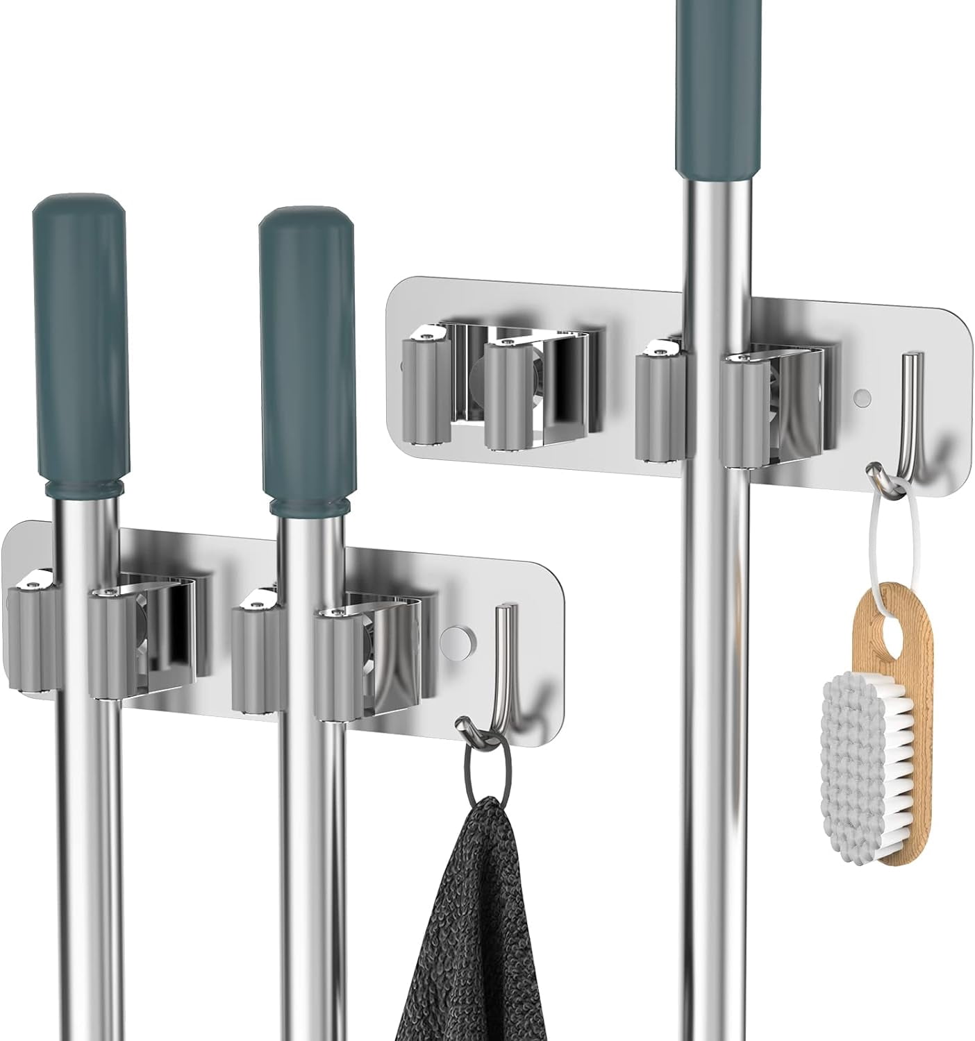 Magnetic Broom Holder 8 Piece Set, 304 Stainless Steel Wall Mount, No Drilling Tool with 4 Mini Hooks for Garage Garden Laundry Kitchen, Silver