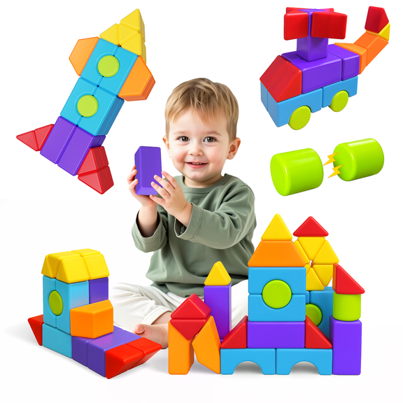 Magnetic Building Blocks, Large Magnetic Blocks in Multiple Shapes, Creative Building Toys , Montessori & Sensory Magnet Toys