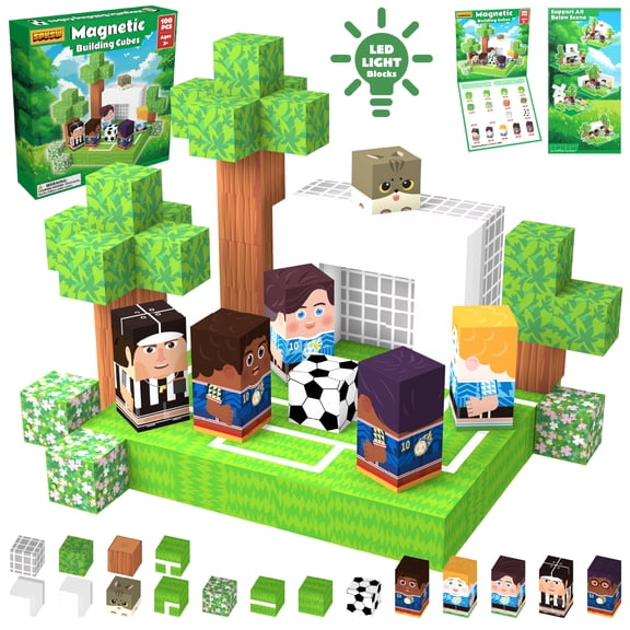Magnetic Building Cubes Set, Pixel Style Scene Building Blocks with LED Light Blocks, STEM Construction Toy for Kids Ages 5+