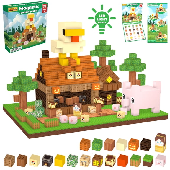 Magnetic Building Cubes Set, Pixel Style Scene Building Blocks with LED Light Blocks, STEM Construction Toy for Kids Ages 5+