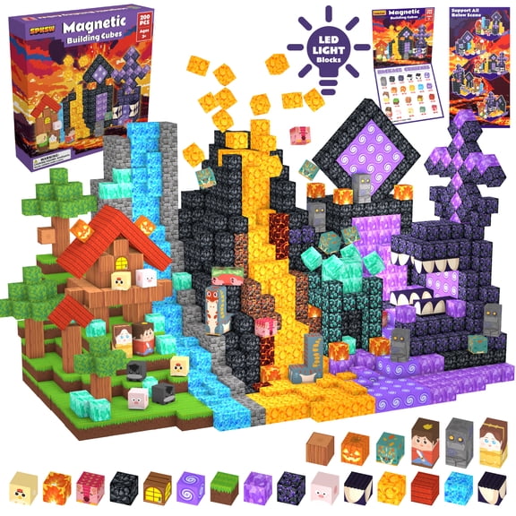 Magnetic Building Cubes Set, Pixel Style Scene Building Blocks with LED Light Blocks, STEM Construction Toy for Kids Ages 5+