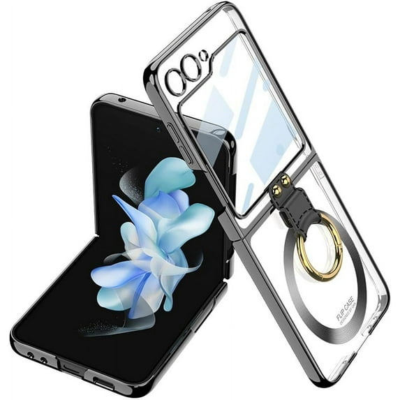 Magnetic Built-in Screen Protector Case for Samsung Galaxy Z Flip 5 5G Compatible with Magsafe,Ring Kickstand,Plating Transparent Shockproof Cover (Black,for Galaxy Z Flip5)