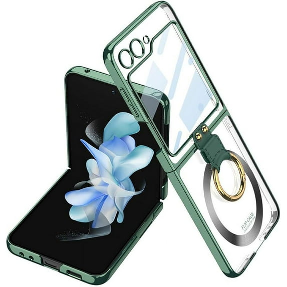Magnetic Built-in Screen Protector Case for Samsung Galaxy Z Flip 5 5G Compatible with Magsafe,Ring Kickstand,Plating Transparent Shockproof Cover (Green,for Galaxy Z Flip5)