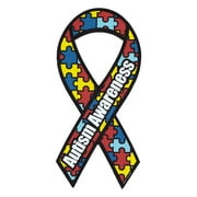 Magnetic Bumper Sticker - Autism Awareness Puzzle Pieces, Autistic - Ribbon Shaped Support Magnet - 4" x 8"