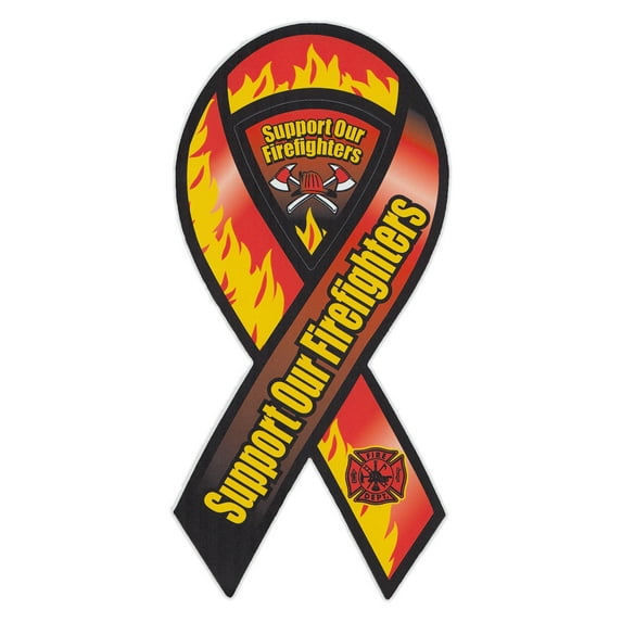 Magnetic Bumper Sticker - Support Our Firefighters (Fire Department, Rescue) - Ribbon Shaped Support Magnet - 4" x 8"