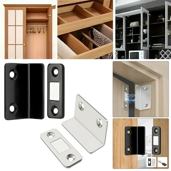 Magnetic Cabinet Door Catch | Stainless Steel L-Shaped Sliding Wardrobe Magnetic Strip Patch Absorber | Thin 1.5-2mm | Easy Install & Screws | 1 Pair for Closet Drawer Cupboard RV Bookcase