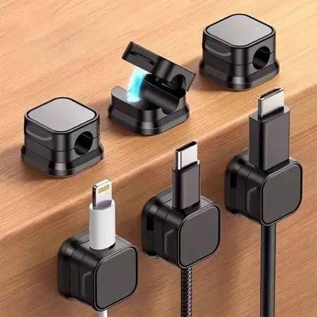 Magnetic Cable Organizer Clips Self-Adhesive Wire Management Solution for Home and Office,Car,Desk, Management Solution for Data Cable, Power Cords and More (Pack of 6)-Black