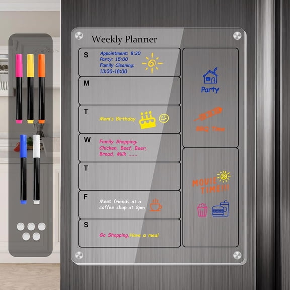Magnetic Calendar for Fridge, Clear Acrylic Fridge Calendar Dry Erase, Monthly Calendar Magnetic for Refrigerator, Family Calendar Planning Board Include Marker (Black Text, Weekly Planner)