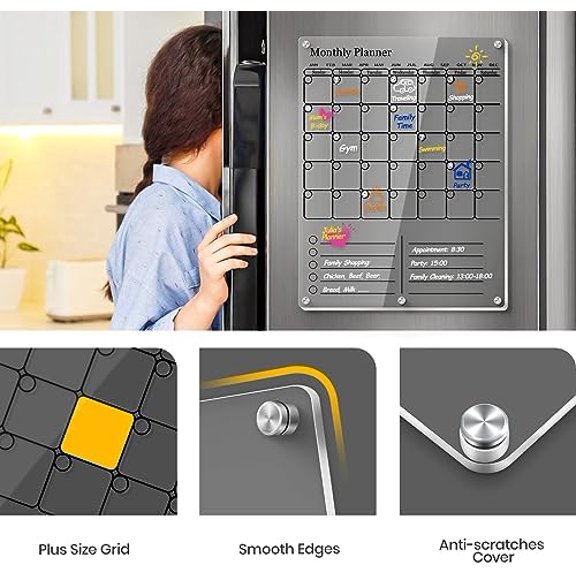 Magnetic Calendar for Refrigerator, Thick Acrylic Fridge Calendar with Strong Magnets, Clear Dry Erase White Board, 2in1 Monthly Weekly Planner, Family Organizer with 5 Color Visible Marker (Black)