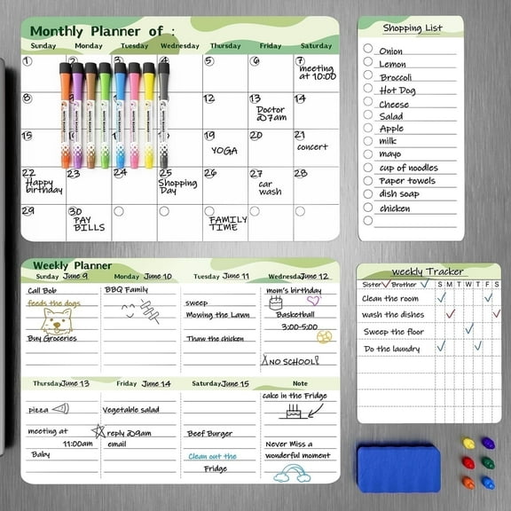 Marsrock 17" x 11"Green Magnetic Refrigerator Whiteboard Calendar,Dry Erase Weekly or Monthly Planner Board&8 Markers,6 Magnets,1 Eraser