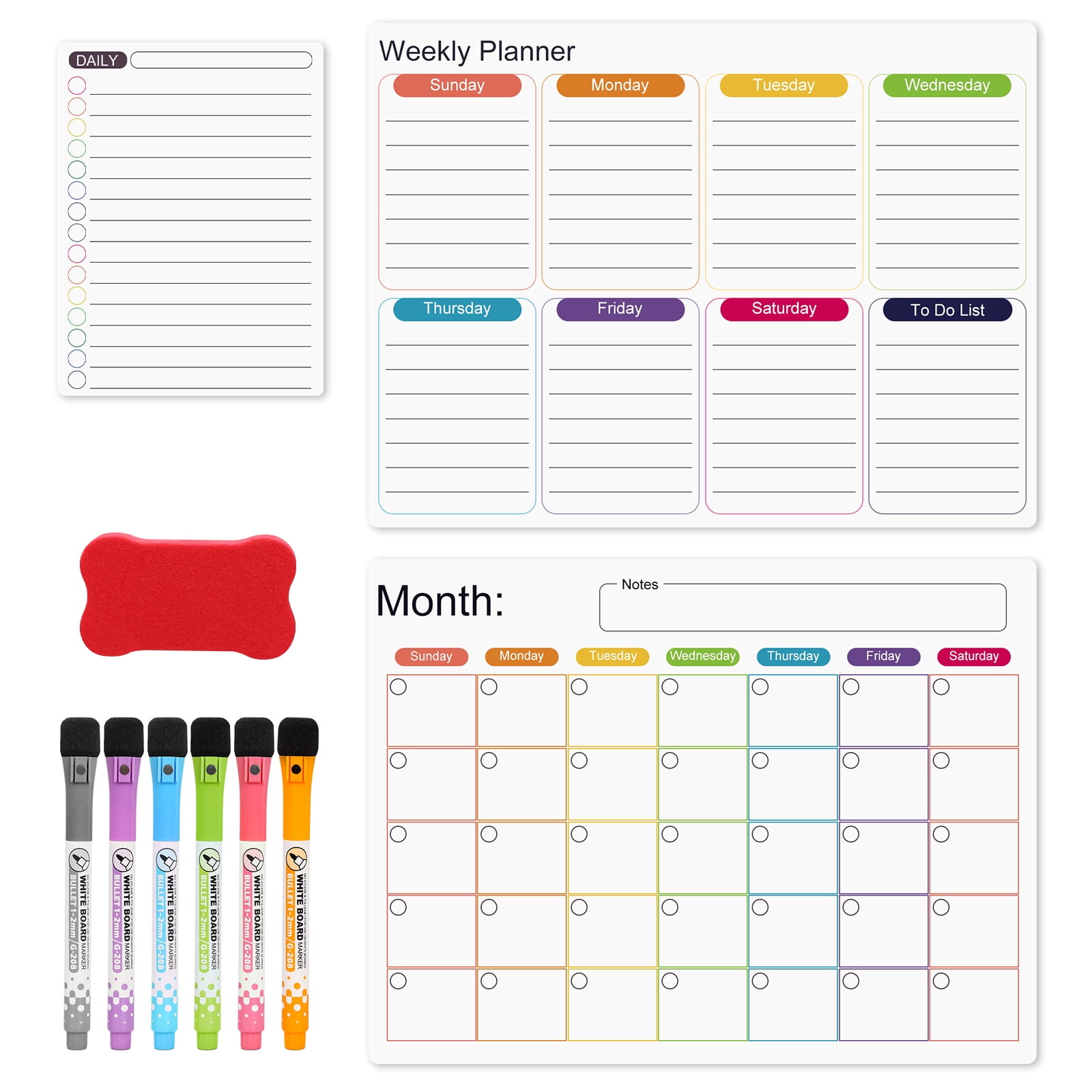 3 Set Magnetic Calendar, Dry Erase Whiteboard with 6 Markers and Eraser ...