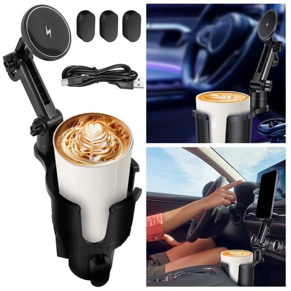 Magnetic Car Cup Holder Phone Mount 15W Wireless Fast Charger Expandable Base (a )
