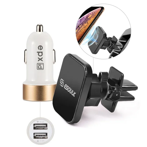 Magnetic Car Mount Holder Air Vent & Dual Usb Car Charger For Uber Lyft Driver