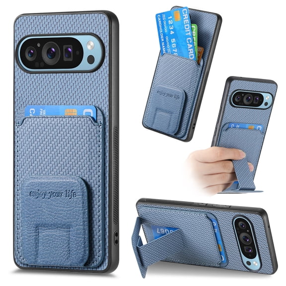 Magnetic Carbon Fiber Case for Google Pixel 10 Pro XL with Holder Kickstand, Fiber Texture Wallet Phone Case with Card Holder Durable Military Grade Protection Cover for Google Pixel 10 Pro XL, Blue