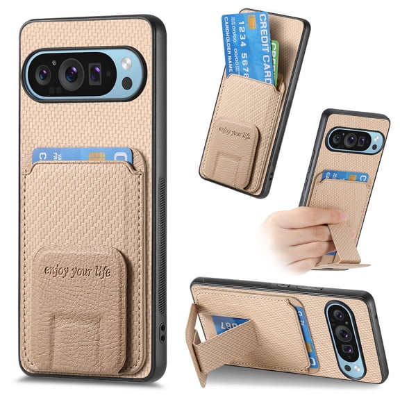 Magnetic Carbon Fiber Case for Google Pixel 9A with Holder Kickstand, Fiber Texture Wallet Phone Case with Card Holder Durable Military Grade Protection Cover for Google Pixel 9A, Khaki