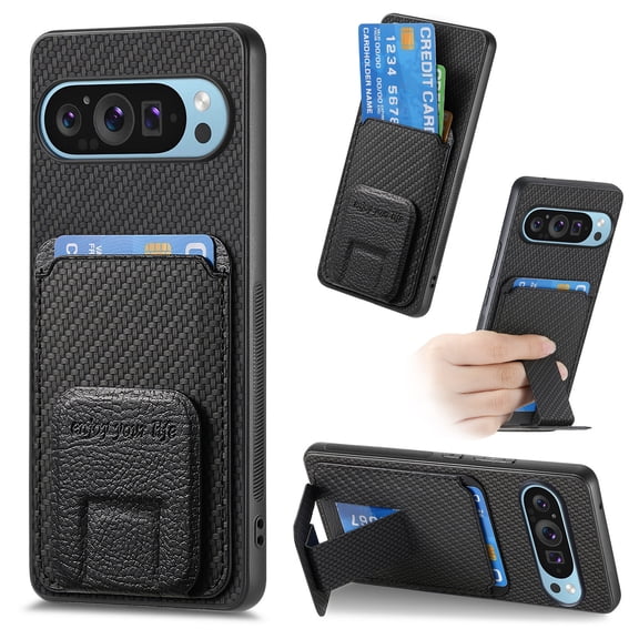 Magnetic Carbon Fiber Case for Google Pixel 9A with Holder Kickstand, Fiber Texture Wallet Phone Case with Card Holder Durable Military Grade Protection Cover for Google Pixel 9A, Black