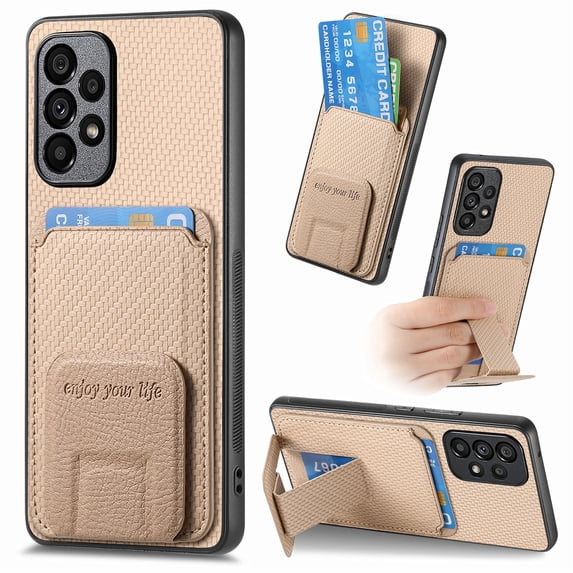 Magnetic Carbon Fiber Case for Samsung Galaxy A23 4G with Holder Kickstand, Fiber Texture Wallet Phone Case with Card Holder Durable Military Grade Protection Cover for Galaxy A23 4G, Khaki