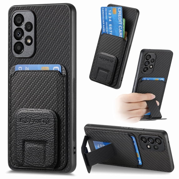 Magnetic Carbon Fiber Case for Samsung Galaxy A23 4G with Holder Kickstand, Fiber Texture Wallet Phone Case with Card Holder Durable Military Grade Protection Cover for Galaxy A23 4G, Black