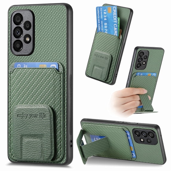 Magnetic Carbon Fiber Case for Samsung Galaxy A32 5G with Holder Kickstand, Fiber Texture Wallet Phone Case with Card Holder Durable Military Grade Protection Cover for Galaxy A32 5G, Green