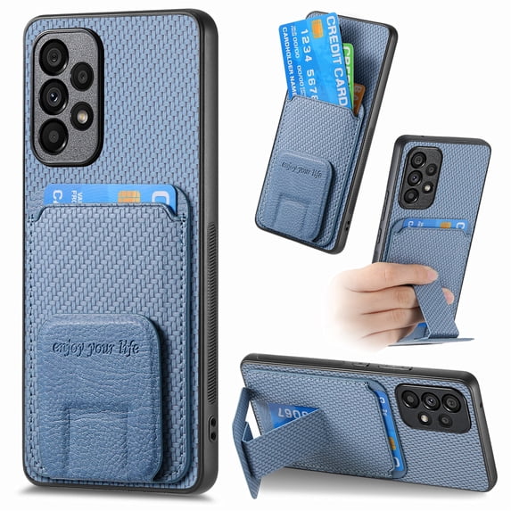 Magnetic Carbon Fiber Case for Samsung Galaxy A32 5G with Holder Kickstand, Fiber Texture Wallet Phone Case with Card Holder Durable Military Grade Protection Cover for Galaxy A32 5G, Blue
