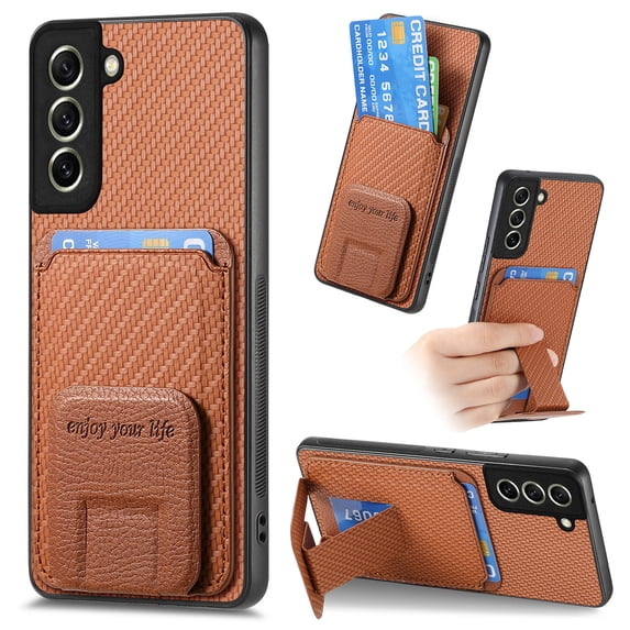 Magnetic Carbon Fiber Case for Samsung Galaxy S21 FE with Holder Kickstand, Fiber Texture Wallet Phone Case with Card Holder Durable Military Grade Protection Cover for Galaxy S21 FE, Brown