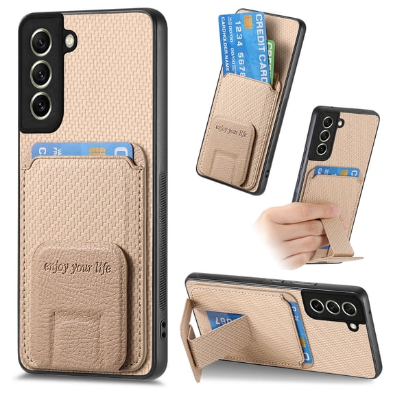 Magnetic Carbon Fiber Case for Samsung Galaxy S21 FE with Holder Kickstand, Fiber Texture Wallet Phone Case with Card Holder Durable Military Grade Protection Cover for Galaxy S21 FE, Khaki