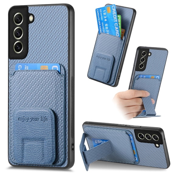 Magnetic Carbon Fiber Case for Samsung Galaxy S21 FE with Holder Kickstand, Fiber Texture Wallet Phone Case with Card Holder Durable Military Grade Protection Cover for Galaxy S21 FE, Blue