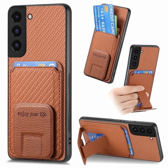 Magnetic Carbon Fiber Case for Samsung Galaxy S24 FE with Holder Kickstand, Fiber Texture Wallet Phone Case with Card Holder Durable Military Grade Protection Cover for Samsung Galaxy S24 FE, Brown