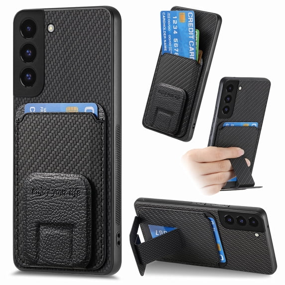 Magnetic Carbon Fiber Case for Samsung Galaxy S24 FE with Holder Kickstand, Fiber Texture Wallet Phone Case with Card Holder Durable Military Grade Protection Cover for Samsung Galaxy S24 FE, Black