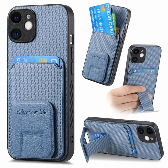 Magnetic Carbon Fiber Case for iPhone 12 with Holder Kickstand, Fiber Texture Wallet Phone Case with Card Holder Durable Military Grade Protection Cover for iPhone 12, Blue