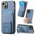thumbnail image 1 of Magnetic Carbon Fiber Case for iPhone 12 Mini with Holder Kickstand, Fiber Texture Wallet Phone Case with Card Holder Durable Military Grade Protection Cover for iPhone 12 Mini, Blue, 1 of 10