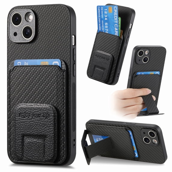 Magnetic Carbon Fiber Case for iPhone 13 Mini with Holder Kickstand, Fiber Texture Wallet Phone Case with Card Holder Durable Military Grade Protection Cover for iPhone 13 Mini, Black