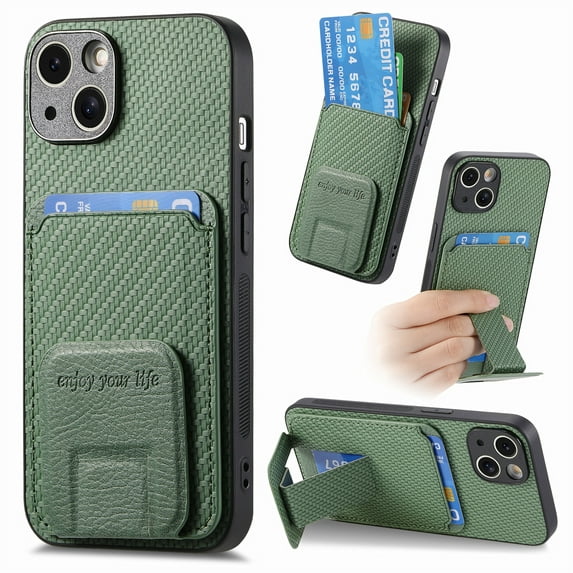 Magnetic Carbon Fiber Case for iPhone 14 with Holder Kickstand, Fiber Texture Wallet Phone Case with Card Holder Durable Military Grade Protection Cover for iPhone 14, Green