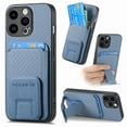 thumbnail image 1 of Magnetic Carbon Fiber Case for iPhone 14 Pro with Holder Kickstand, Fiber Texture Wallet Phone Case with Card Holder Durable Military Grade Protection Cover for iPhone 14 Pro, Blue, 1 of 10