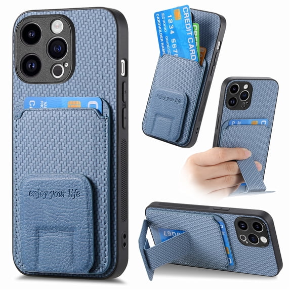Magnetic Carbon Fiber Case for iPhone 14 Pro with Holder Kickstand, Fiber Texture Wallet Phone Case with Card Holder Durable Military Grade Protection Cover for iPhone 14 Pro, Blue