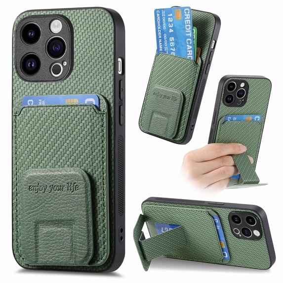 Magnetic Carbon Fiber Case for iPhone 14 Pro with Holder Kickstand, Fiber Texture Wallet Phone Case with Card Holder Durable Military Grade Protection Cover for iPhone 14 Pro, Green