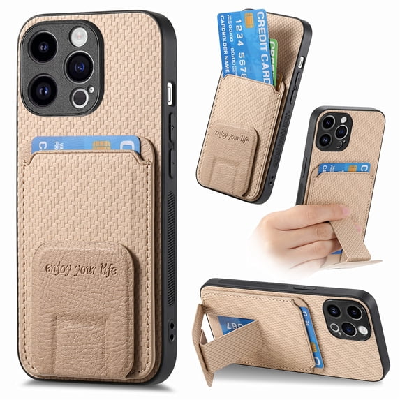 Magnetic Carbon Fiber Case for iPhone 14 Pro with Holder Kickstand, Fiber Texture Wallet Phone Case with Card Holder Durable Military Grade Protection Cover for iPhone 14 Pro, Khaki
