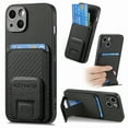 thumbnail image 1 of Magnetic Carbon Fiber Case for iPhone 15 Plus with Holder Kickstand, Fiber Texture Wallet Phone Case with Card Holder Durable Military Grade Protection Cover for iPhone 15 Plus, Black, 1 of 10