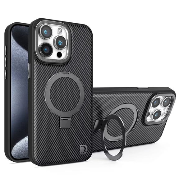 Magnetic Carbon Fiber Case For iPhone 16 Pro Compatible with MagSafe, Built-in 180° Rotating Ring Holder Kickstand, Military Grade Slim Shockproof Cover with Camera Lens Protection,Black