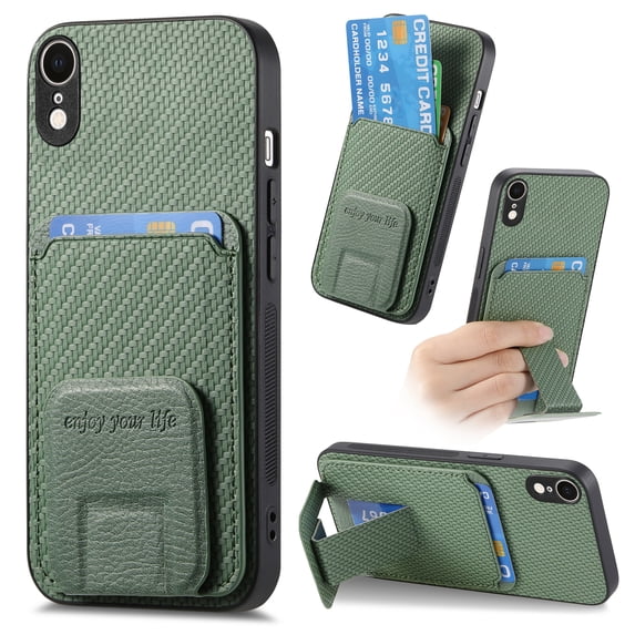 Magnetic Carbon Fiber Case for iPhone XR with Holder Kickstand, Fiber Texture Wallet Phone Case with Card Holder Durable Military Grade Protection Cover for iPhone XR, Green