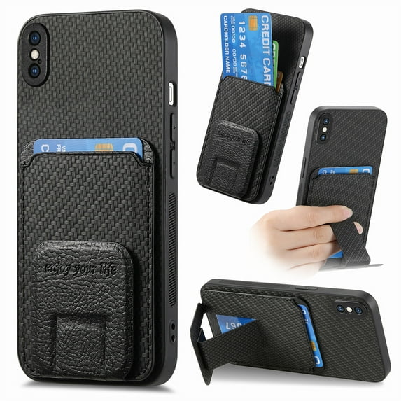 Magnetic Carbon Fiber Case for iPhone XS Max with Holder Kickstand, Fiber Texture Wallet Phone Case with Card Holder Durable Military Grade Protection Cover for iPhone XS Max, Black