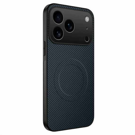 Magnetic Carbon Fiber Leather Case for iPhone 17 Pro Max, Wireless Charging Compatible, Anti-Fingerprint, Raised Camera Protection,Blue