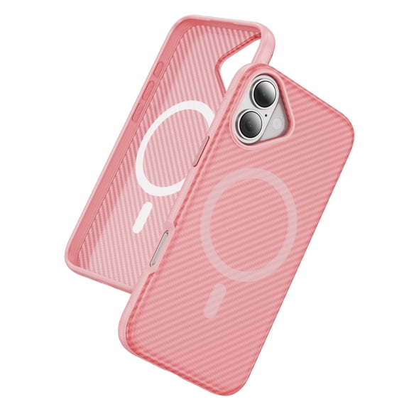 Magnetic Carbon Fiber Texture Case for iPhone 17, Support Wireless Charging, Raised Camera and Screen Protection, Skin Feeling Hand Grip Slim Hard Cover for iPhone 17, Pink