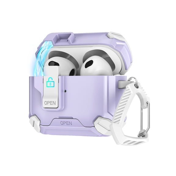 Magnetic Case for AirPods 3rd Gen (2021) with Secure Switch Locking & Phone Stand, Military-Grade Drop Protection Rugged Case Cover with Carabiner & Climbing Buckle, Purplewhite